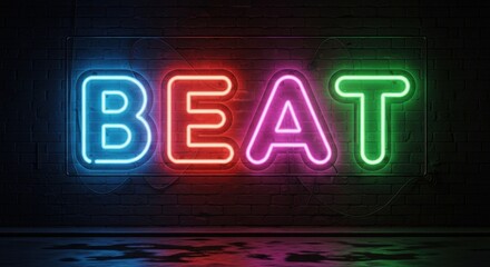 Neon Beat Sign Illuminated on Dark Brick Wall Reflecting Light.