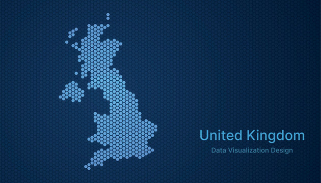 United Kingdom map in hexagon grid style, abstract blue data background design.