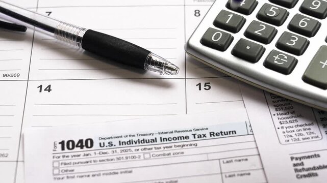 United states tax form 1040 with a pen and calculator on a calendar. The scene represents the process of calculating and filing taxes before the deadline