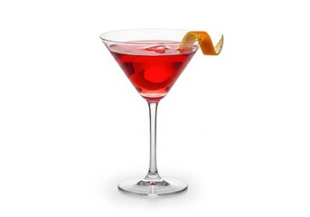 Refreshing red cocktail garnished with orange peel isolated on white background