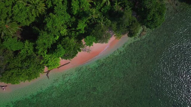 Pristine untouched shore coastline coral reef Wewak Sepik Region Madang aerial drone birdseye Papua New Guinea PNG Papua Niugini sunny wavesYuo Musho Island Boram Meni Beach sand Bismarck Salomon Sea