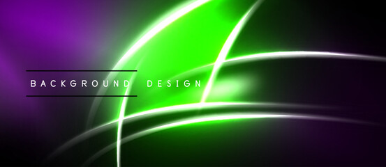 Abstract neon lines create vibrant purple, green gradients. Modern design suitable for digital backgrounds, presentations. Smooth curves intersect.