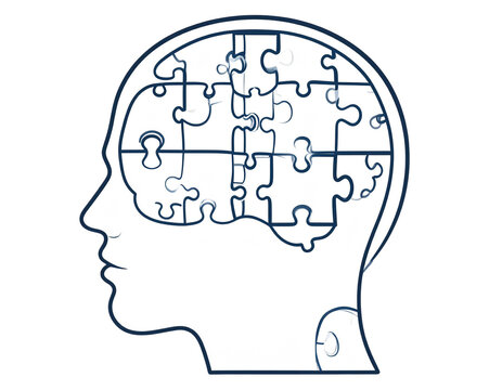 Human head profile and jigsaw puzzle, cognitive psychology or psychotherapy concept, mental health, brain problem, personality disorder, vector line design transparent background png