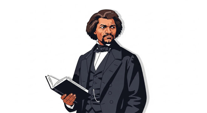 Frederick Douglass Standing Confidently Holding Closed Book Symbolizing Education and Leadership Modern Flat Vector Illustration