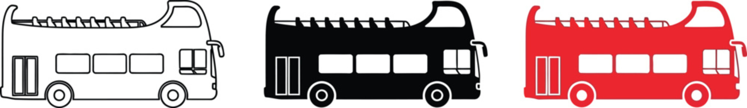 Collection of double decker bus icons including outline black and red styles perfect for travel and city transport concepts