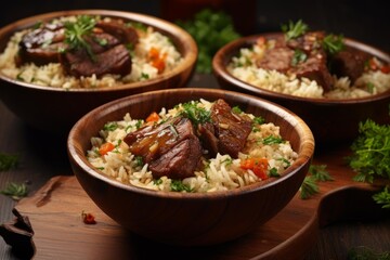 Beef slices with rice and garnish served in wooden bowls on a rustic surface