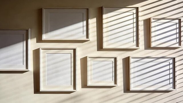 Empty picture frames hanging on wall with window shadow