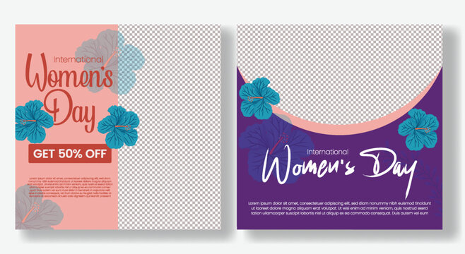International women&rsquo;s day celebrations social media posts, woman holding flowers and group of women, 8 march square ads, promo designs, banner, web banner illustrations