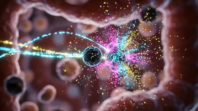 AI Drug Discovery driving precision molecular interaction with cellular targets, unleashing vibrant data particles in a futuristic digital scientific process illustration.