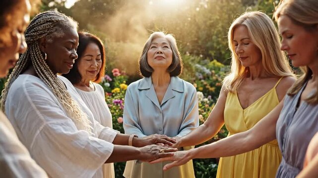 Diverse group of women holding hands in a spiritual prayer circle for solidarity faith and emotional healing inside a bright room representing religion devotion and mental wellness support.