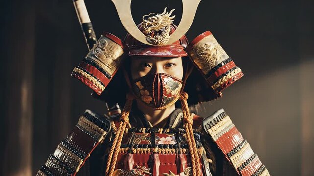 Ornate Japanese samurai armor with golden dragon and sakura details