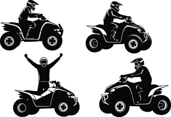 Set Of Black ATV Rider Silhouettes Featuring Quad Bike Racers In Various Poses Including Standing And Speeding For Off-Road Adventure Extreme Sports Or Outdoor Motorsport Concept Vector Illustration © Shuvo's World