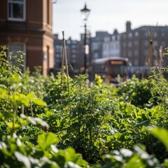 Urban garden blooms with cityscape background and lamp post white background