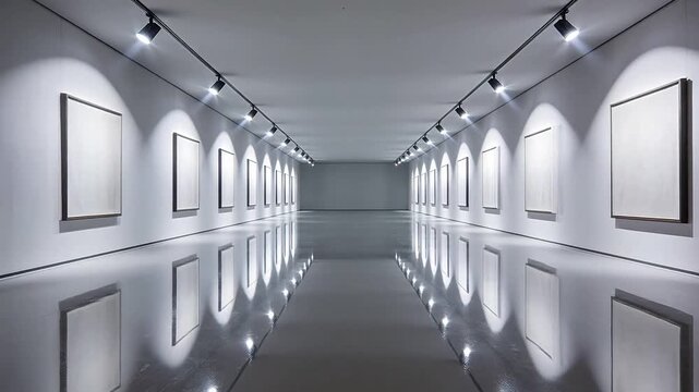 Modern art gallery corridor with framed paintings and track lighting