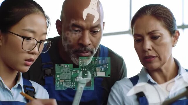 Three professionals intently studying technical blueprints, conveying concentration and collaboration in a workplace setting.