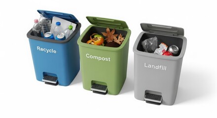 Three colorful recycling bins full of waste on white surface white background