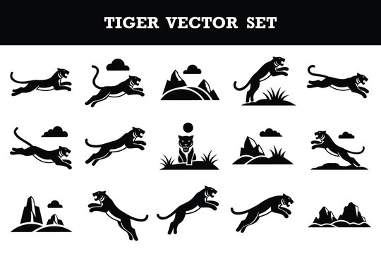 Collection of stylized tiger vector illustrations in various dynamic poses and natural scenes isolated design