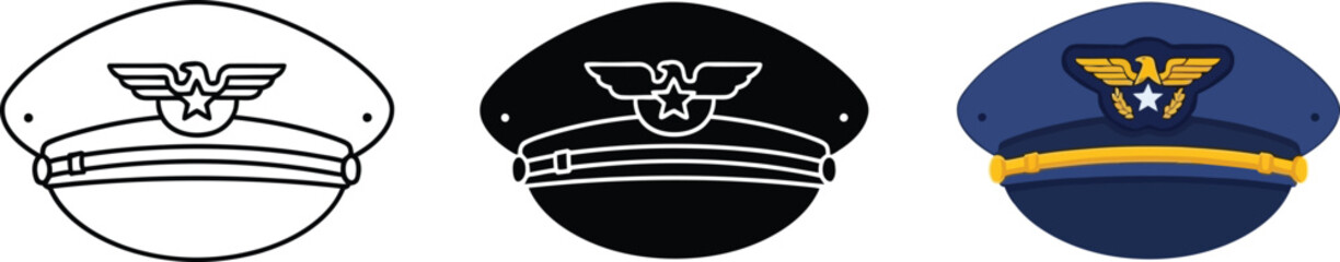 Collection of pilot hats including outline silhouette and colored vector graphics for aviation themes © Ahmad