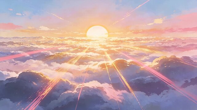 Sunrise over sea of clouds with golden sun rays and gradient sky