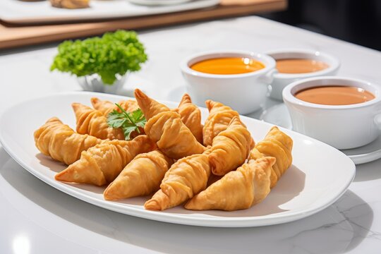 Fried curry puffs arranged on a white plate with dipping sauces in the background