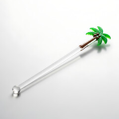 Elegant clear glass cocktail stir stick featuring a vibrant green palm tree design, perfect for tropical drinks