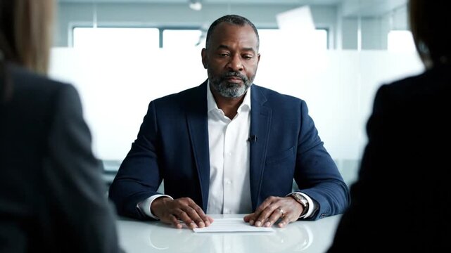 Professional interview in a modern office setting with a man dressed in a suit being interviewed by two unseen individuals