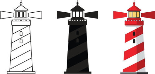 Collection of lighthouse icons in outline black and red striped designs representing navigation and coastal guidance perfect for maritime themes © Ahmad