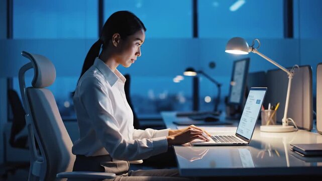 Woman Working Late On Laptop Screen In Shared Office, Desk Lamp Illuminating Notes, Thoughtful Posture, Quiet Corporate Environment With Coworkers In Background, Deadline Driven Research And Report