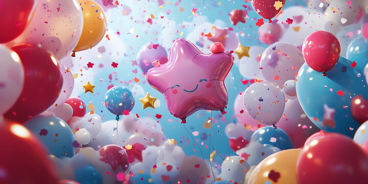 parade of balloons in the shape of stars and animals, smiling clouds