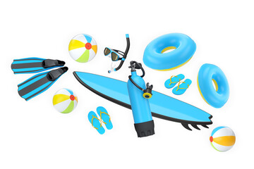 Colorful summer travel and beach items including suitcase, fins, surfboard, snorkel, and float isolated on white background © Vasyl Onyskiv