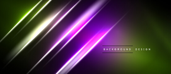 Obraz premium Abstract neon lines create dynamic gradient effect. Vivid purple, green hues dominate dark background. Modern design element.
