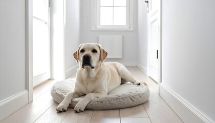 Labrador retriever descansando en cama para perro en interior blanco minimalista