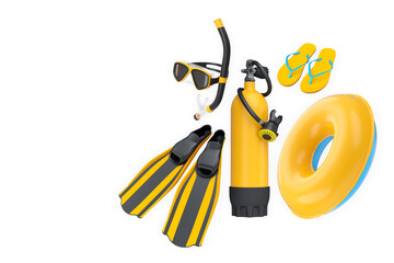 Scuba diving and beach gear set with flippers, snorkel, air tank, flip-flops, and float ring isolated on white background © Vasyl Onyskiv