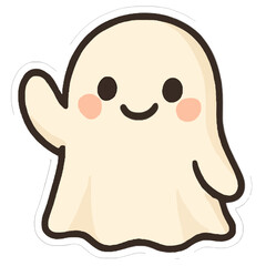 Fototapeta premium Tiny Ghost Waving Hello Friendly Spooky Sticker | Cute Cartoon Ghost Greeting Illustration | Adorable Friendly Ghost Digital Art Sticker | Cheerful Little Ghost Saying Hi Kawaii Sticker | Whimsical