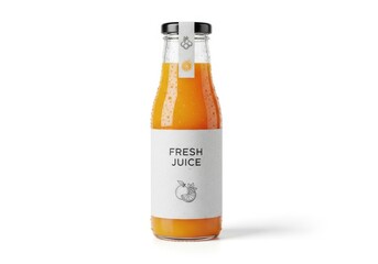 Clear glass bottle filled with bright orange juice and white label white background