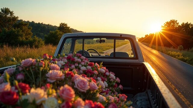 Pickup truck with pink roses drives on an open road at sunset. Romantic road trip, floral gift, summer travel, scenic highway.