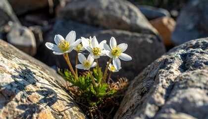 Small white flowers growing amidst rugged, textured stones