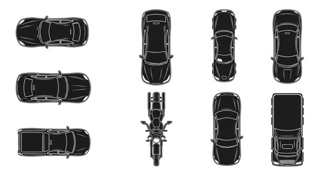 Collection of vehicle silhouettes seen from above top view.