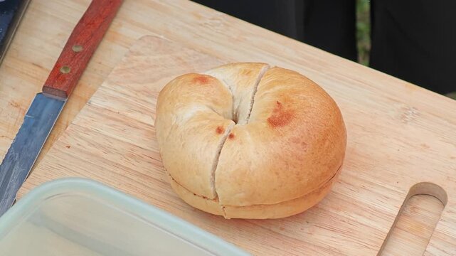 Grilled bagle and butter for breakfast.