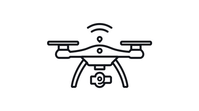 Black line art drone icon with camera and signal waves isolated on transparent background