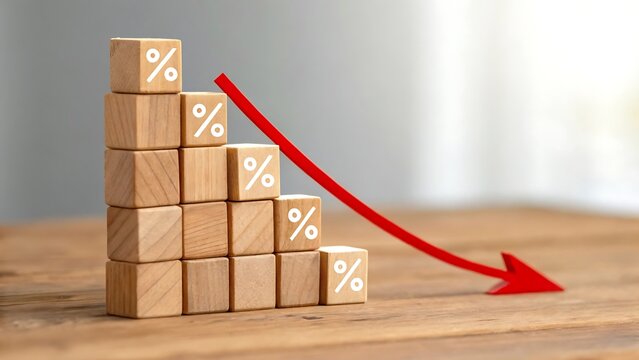 Decreasing Percentage Blocks with Red Arrow on Wooden Table