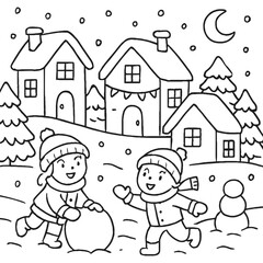 Fototapeta premium Black and white vector illustration of two smiling children playing in the snow with a snowman and houses in the background on a winter night