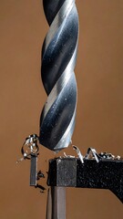 Metal drill bit bore a hole into a dark, metal object, with debris