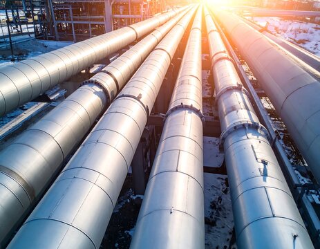 Aerial view of industrial infrastructure, pipelines extend towards the sun, evoking energy transport and industry