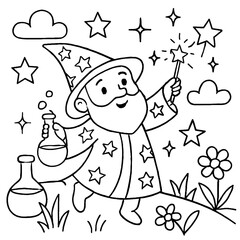 Fototapeta premium A smiling wizard in a starry robe holds a magic wand and potion bottle, surrounded by stars and flowers in a whimsical scene.