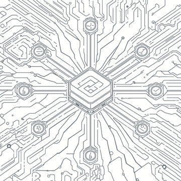 Crypto staking reward distribution, blockchain block and wallet nodes, technical clean monoline vector outline.