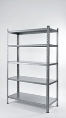 Metal shelving unit with five empty shelves, on a white background