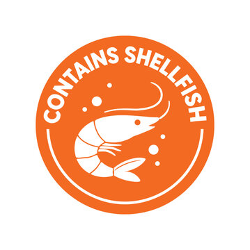 Flat vector badge CONTAINS SHELLFISH simple white shrimp good for package business info about product