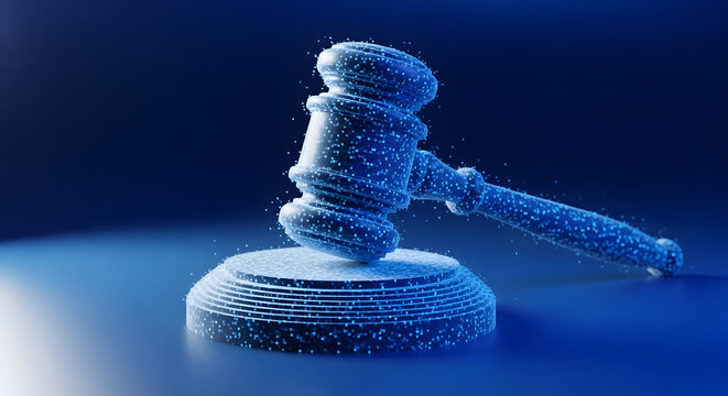 A gavel made of tiny particles on a blue surface with a dark background