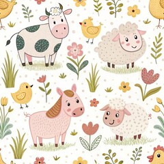 Cute hand-drawn farm animals and flowers pattern